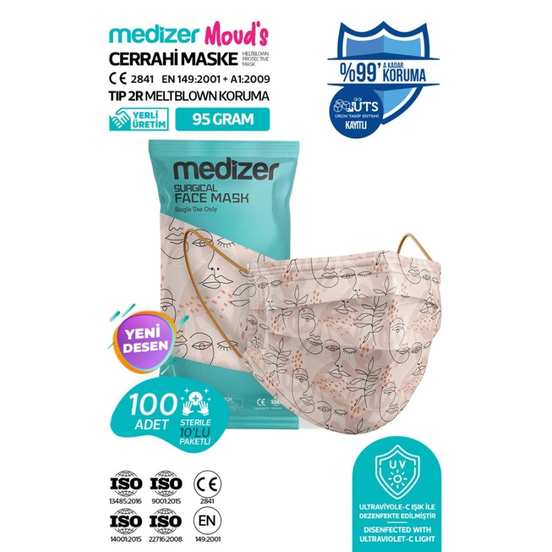 Medizer Meltblown Çizgisel Kadın Desenli Cerrahi Maske 10'lu 10 Paket