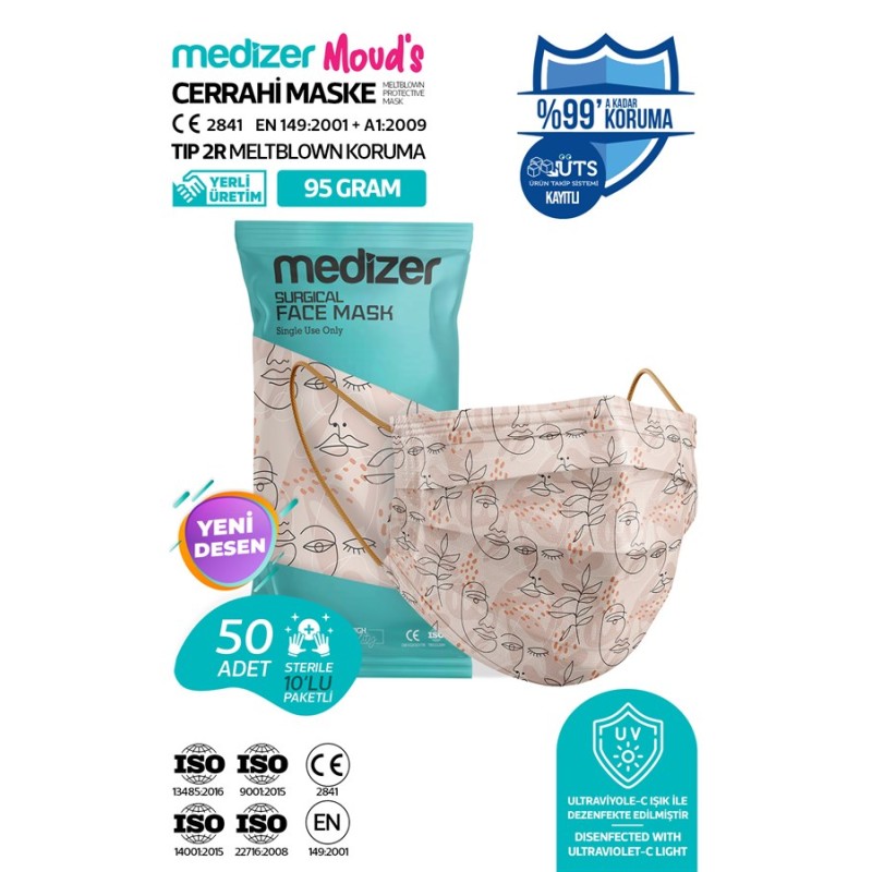 Medizer Meltblown Çizgisel Kadın Desenli Cerrahi Maske 10'lu 5 Paket