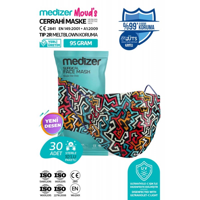 Medizer Meltblown Renkli Çizgiler Desenli Cerrahi Maske 10'lu 3 Paket