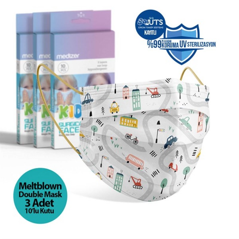Medizer Meltblown Oyuncak Şehir Desenli Cerrahi Çocuk Maskesi - 10'lu 3 Kutu