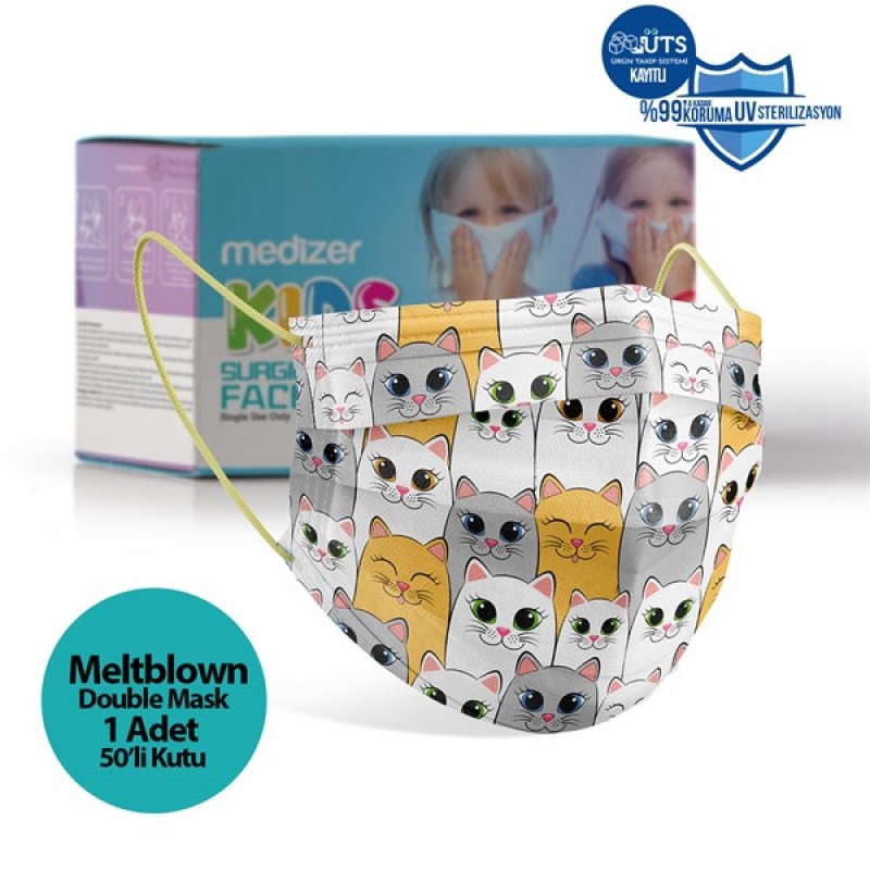 Medizer Meltblown Cute Kittens Patterned Surgical Kids Mask - 50 Pieces
