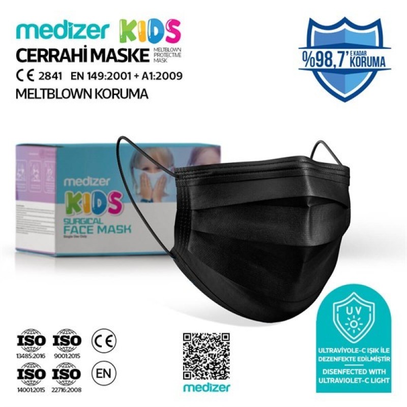 Medizer Meltblown Siyah Cerrahi Çocuk Maskesi - 100 Adet