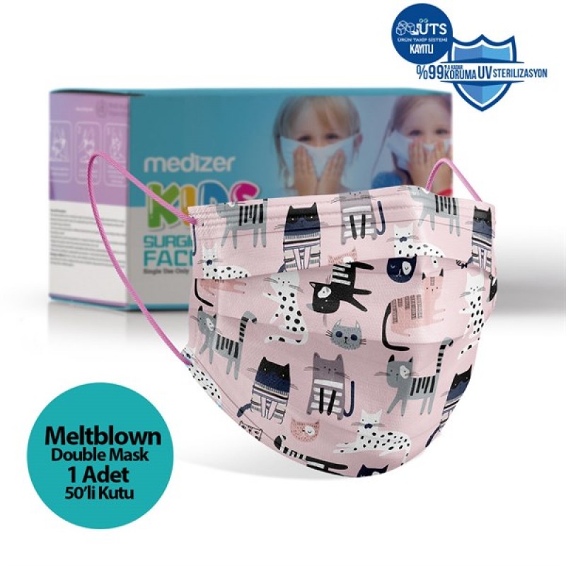 Medizer Meltblown Pink Cute Cats Patterned Surgical Kids Mask - 50 Pieces