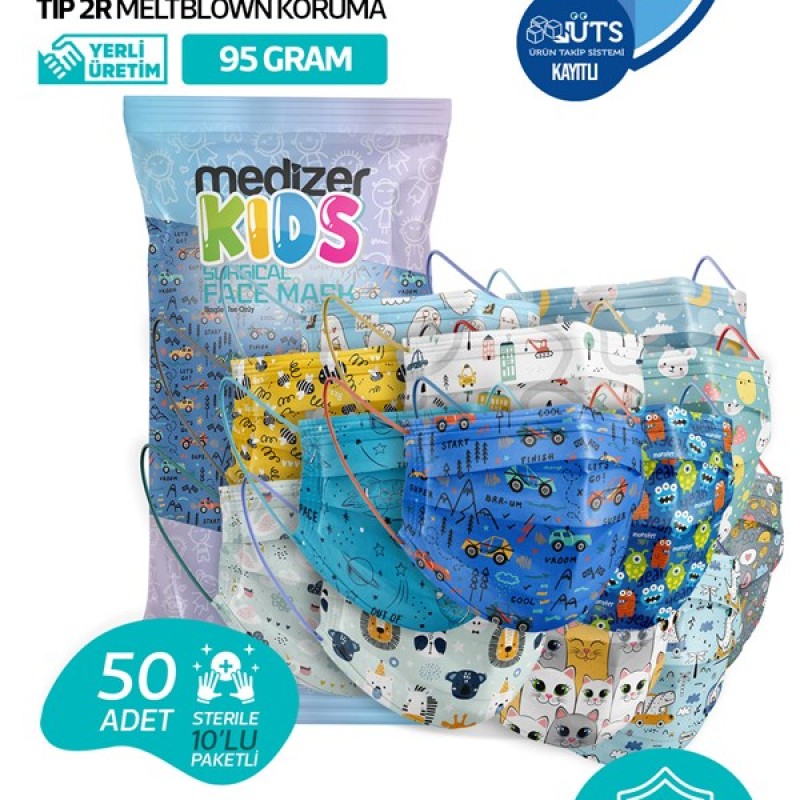Medizer Meltblown 5 Farklı Desen Cerrahi Erkek Çocuk Maskesi - 50 Adet