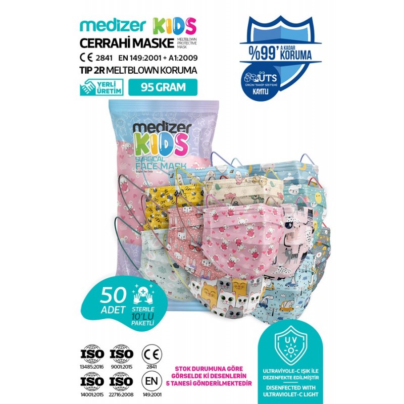 Medizer Full Ultrasonic Surgery GIRL KIDS Mask 50 Pieces - Nose Wire - 10 Pieces 5 Different Patterns