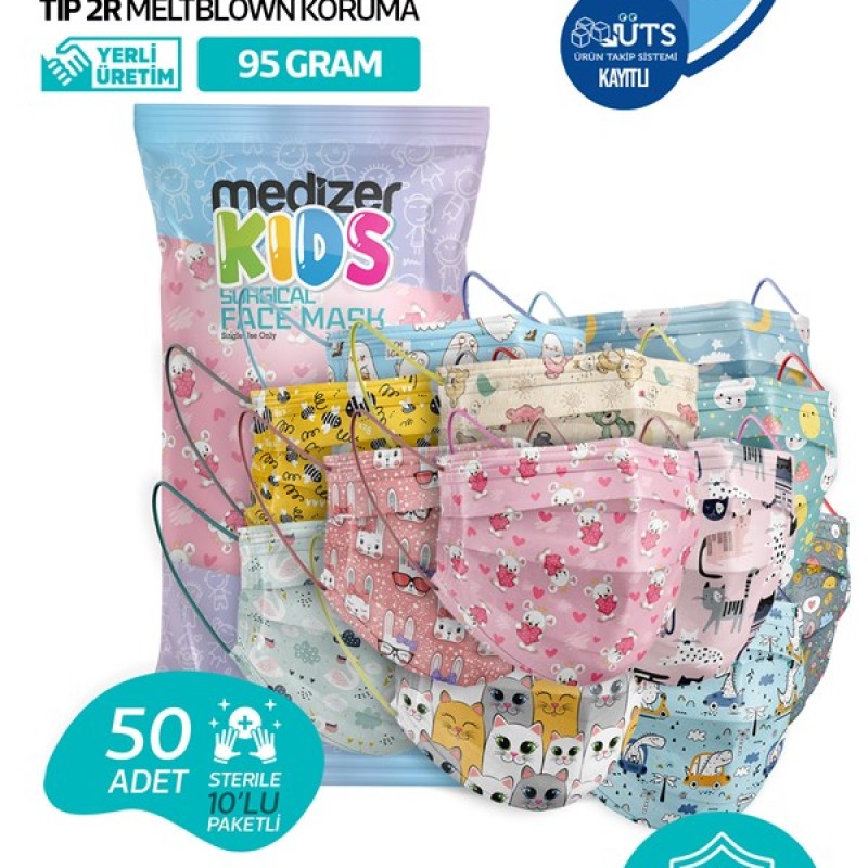 Medizer Meltblown 10'ar Adet 5 Farklı Desen Cerrahi Kız Çocuk Maskesi - 50 Adet