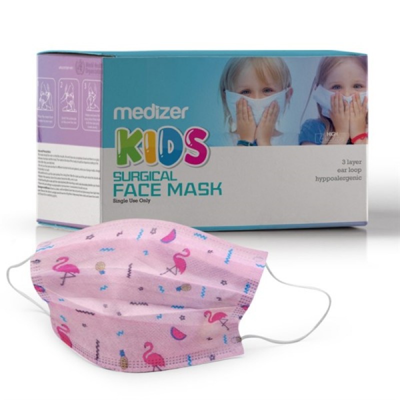 Medizer Flamingo Patterned Full Ultrasonic Surgery CHILDREN'S Mask 50 Pieces - Nose Wire