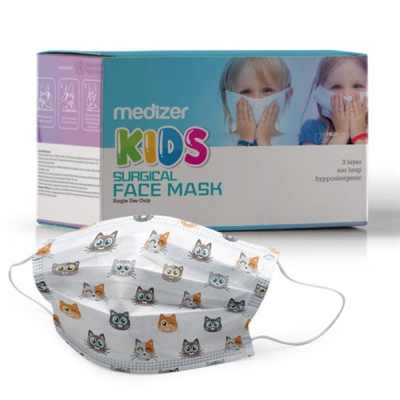 Medizer CAT Patterned Full Ultrasonic Surgery CHILDREN'S Mask 50 Pieces - Nose Wire