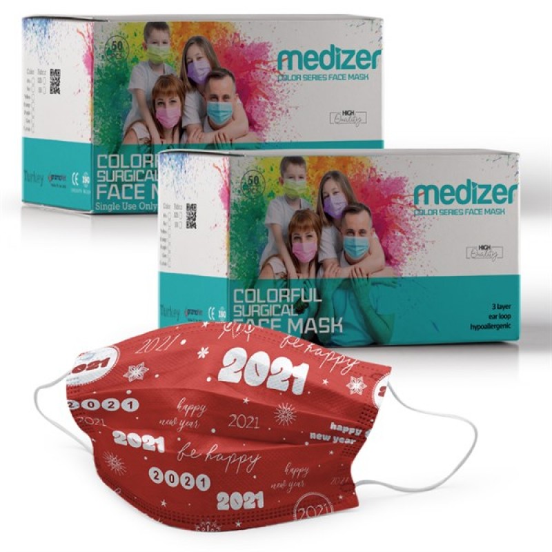 Medizer Meltblown Kırmızı 2021 Desenli Cerrahi Maske - 100 Adet