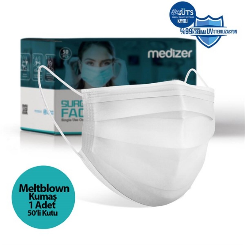 Medizer Full Ultrasonic Surgical Mouth Mask 3 Ply Meltblown Fabric 50 Pcs - Nose Wire - White