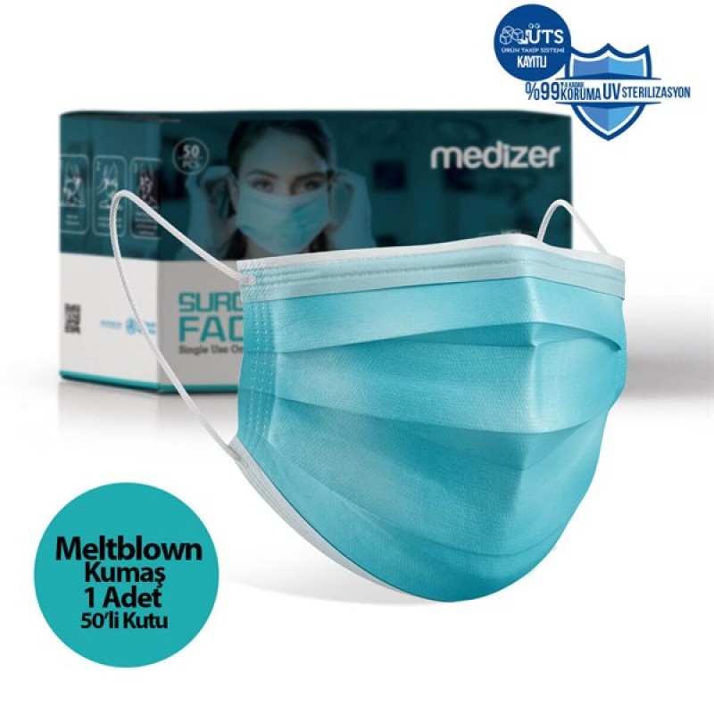 Medizer Full Ultrasonic Surgical Mouth Mask 3 Ply Meltblown Fabric 50 Pcs - Nose Wire - Blue