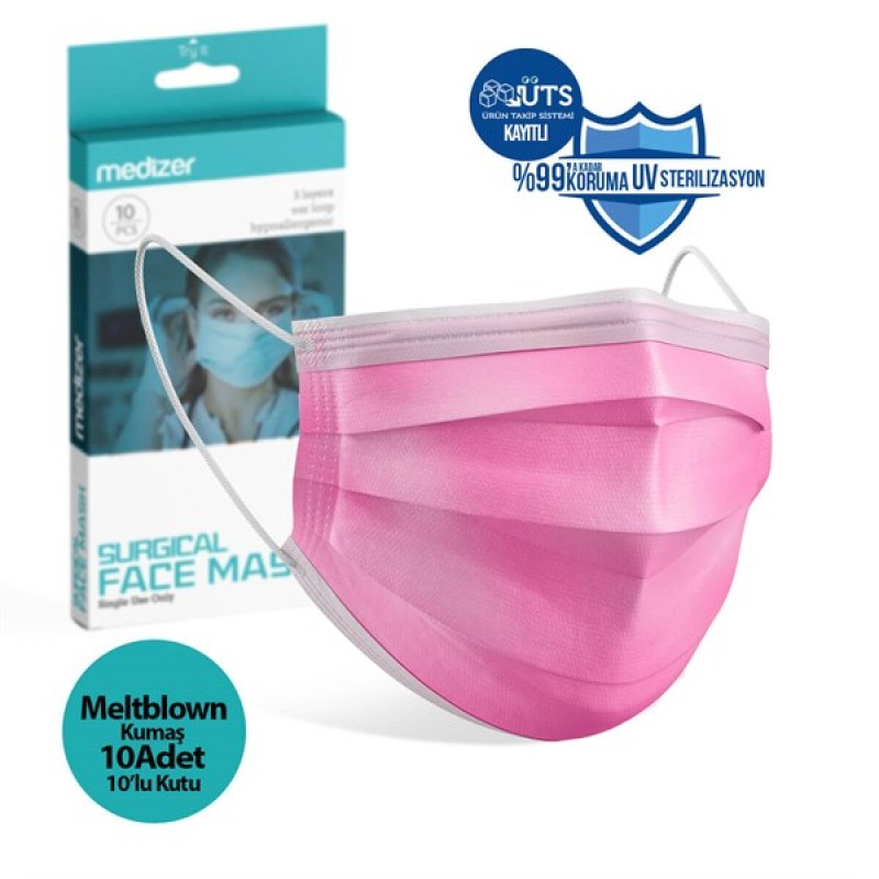 Medizer Meltblown Pembe Cerrahi Maske - 10'lu 10 Kutu