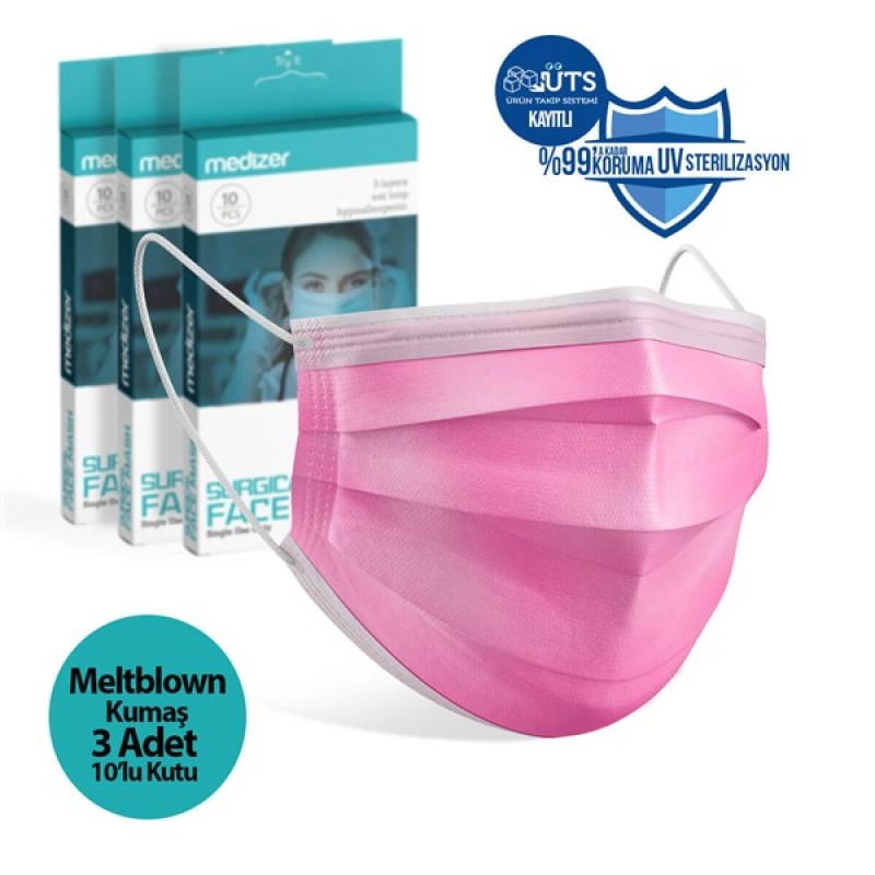 Medizer Meltblown Pembe Cerrahi Maske - 10'lu 3 Kutu