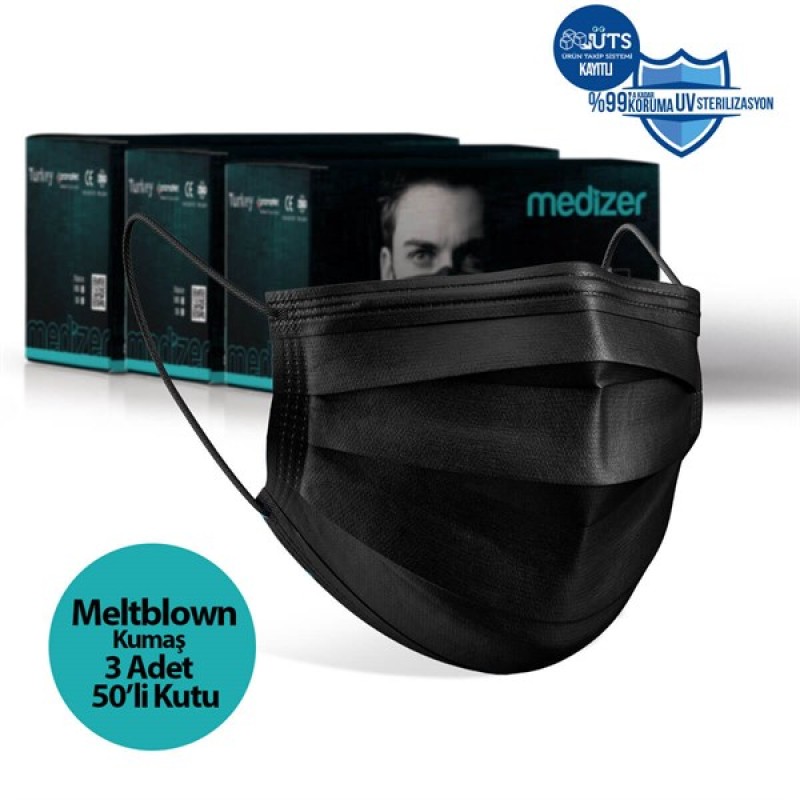 Medizer Meltblown Siyah Cerrahi Maske - 150 Adet 