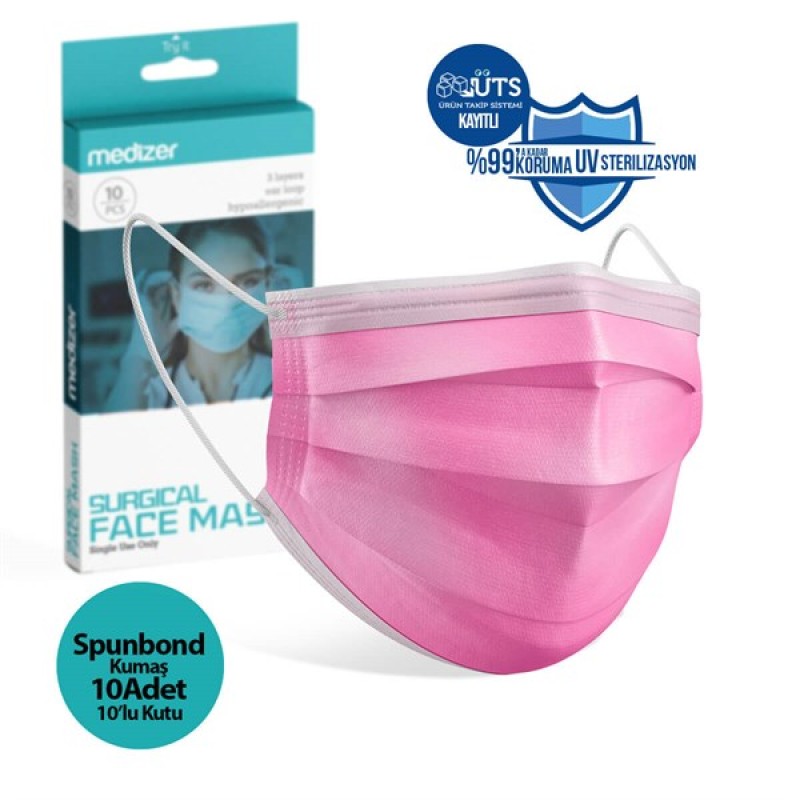 Medizer Spunbond Pembe Cerrahi Maske - 10'lu 10 Kutu