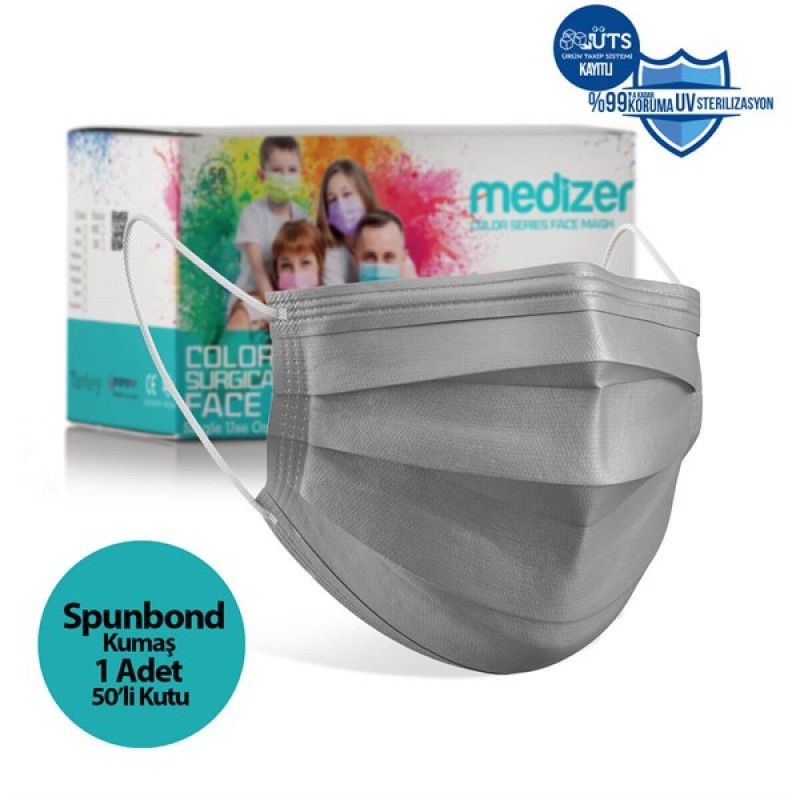 Medizer Spunbond Gri Cerrahi Maske - 50 Adet 