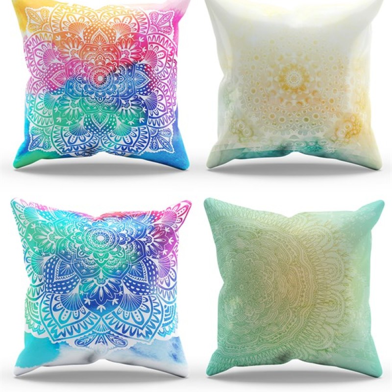 Mouds Çift Tarafı Baskılı Mandala Desenli 4'lü Kombin Süet Kırlent Kılıfı