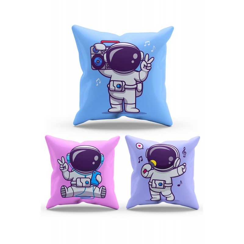 Mouds Çift Tarafı Baskılı Cute Astronaut Desenli 3'lü Kombin Süet Kırlent Kılıfı