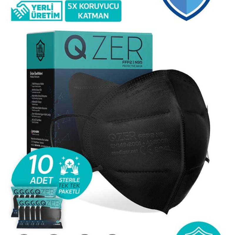 Qzer Siyah FFP2 Korumalı N95 Maske 10 Adet