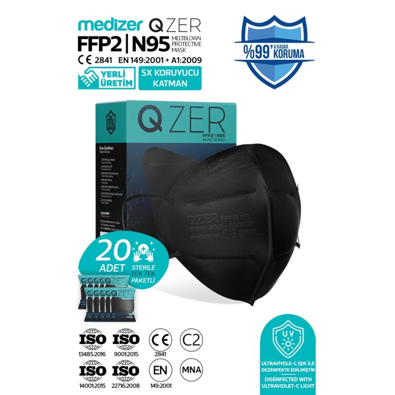 Qzer Siyah FFP2 Korumalı N95 Maske 20 Adet