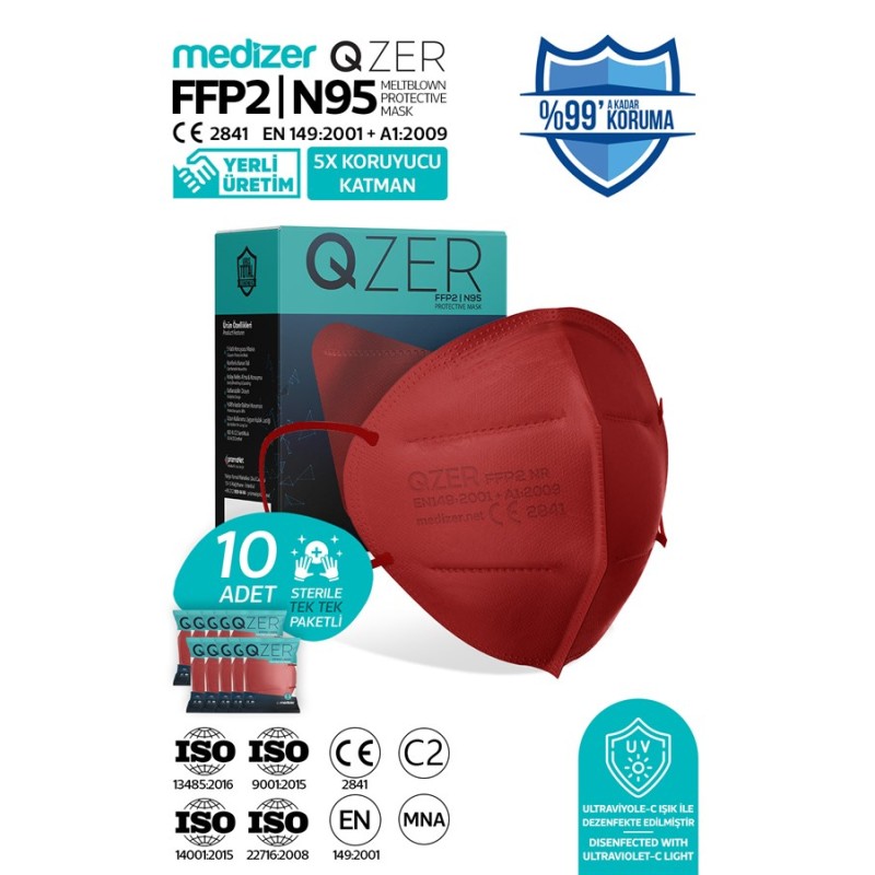 Qzer Bordo 5 Katlı FFP2 N95 Maske 10 Adet