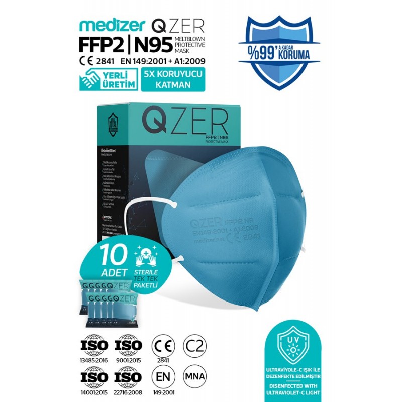 Qzer Mavi Renk 5 Katmanlı FFP2 N95 Maske 10 Adet