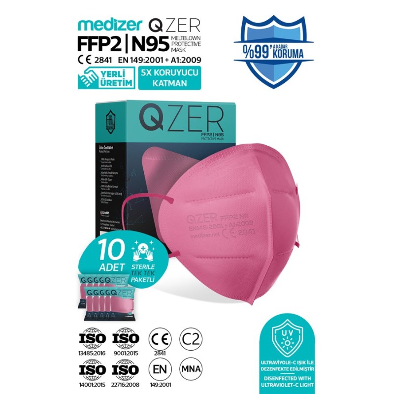 Qzer Pembe Renk 5 Katmanlı FFP2 N95 Maske 10 Adet