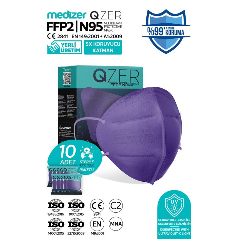 Qzer Mor Renk 5 Katmanlı FFP2 N95 Maske 10 Adet