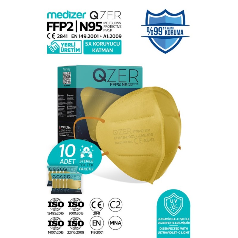 Qzer Sarı Renk 5 Katmanlı FFP2 N95 Maske 10 Adet