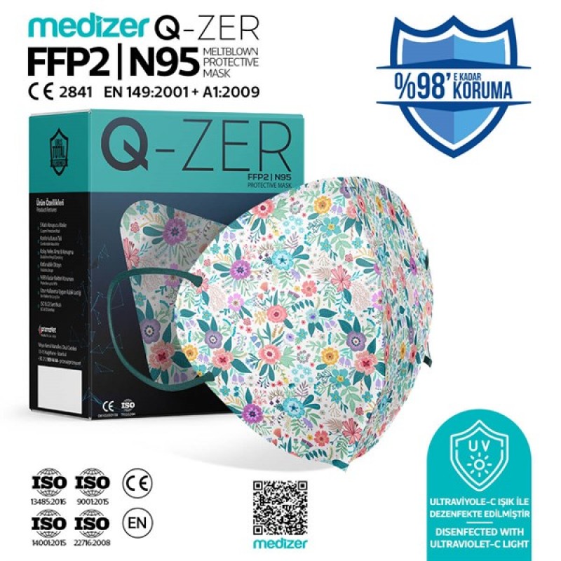 Qzer Bahar Çiçekleri Desenli FFP2 N95 Maske - 20 Adet