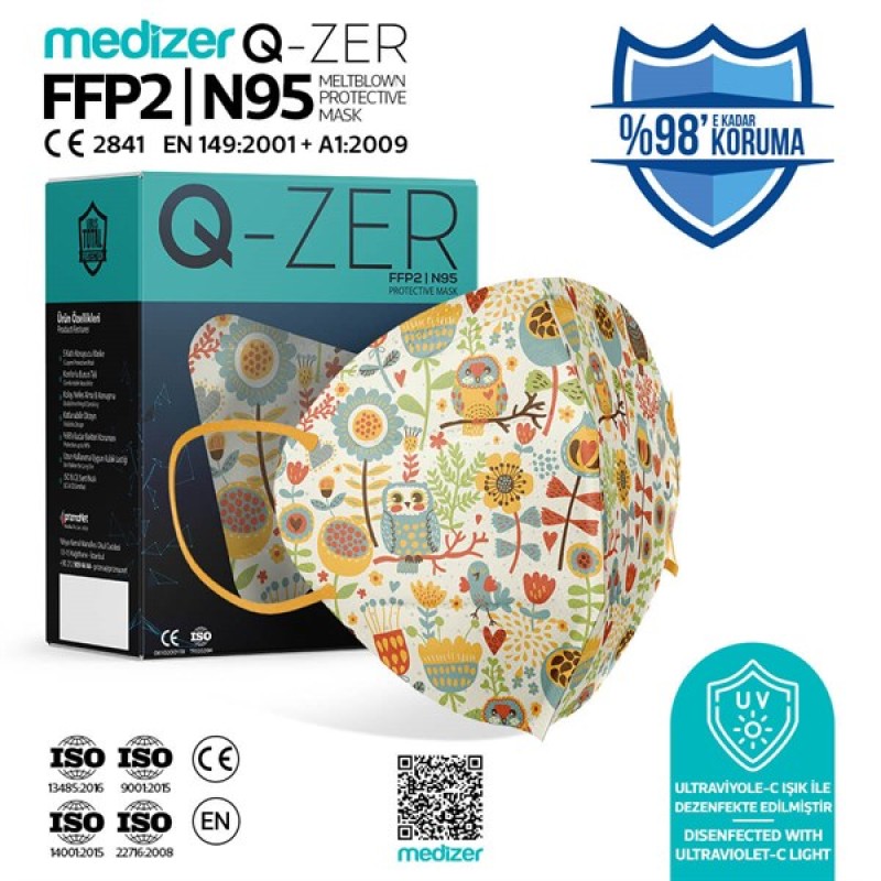 Qzer Baykuş Desenli FFP2 N95 Maske - 20 Adet