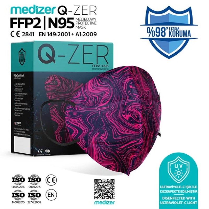 Qzer Fuşya Desenli FFP2 N95 Maske - 40 Adet