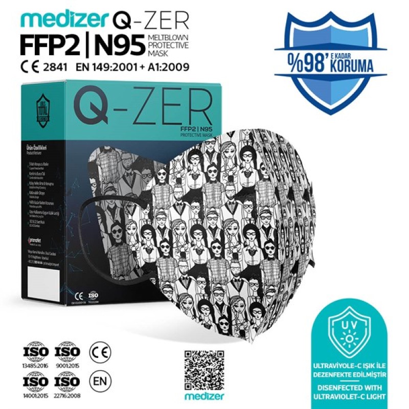 Qzer İnsanlar Desenli FFP2 N95 Maske - 10 Adet