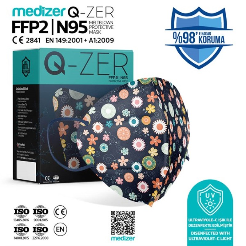 Qzer Lacivert Çiçek Desenli FFP2 N95 Maske - 20 Adet