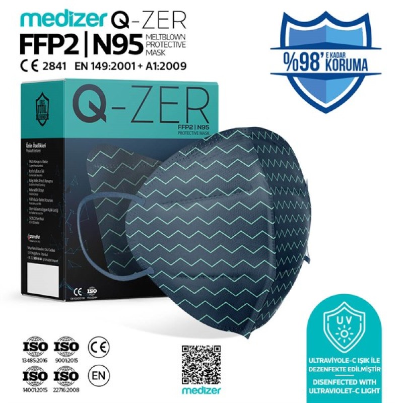 Qzer Yeşil Çizgi Desenli FFP2 N95 Maske 20 Adet