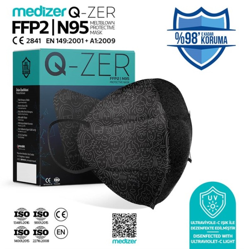 Qzer Siyah Yüzler Desenli FFP2 N95 Maske - 40 Adet