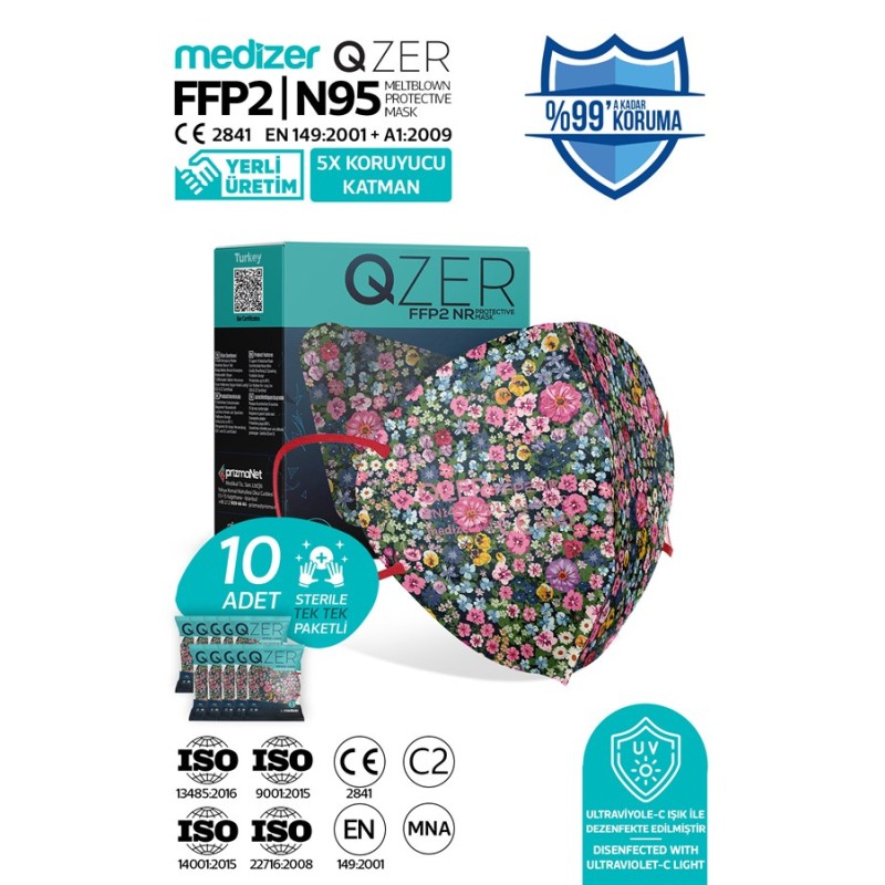 Qzer Violet Desenli 5 Katmanlı FFP2 N95 Maske 10 Adet