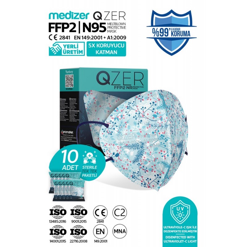 Qzer Kış Dalları Desenli 5 Katmanlı FFP2 N95 Maske 10 Adet