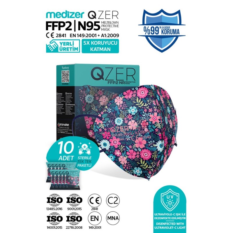 Qzer Blue Flos Desenli 5 Katmanlı FFP2 N95 Maske 10 Adet