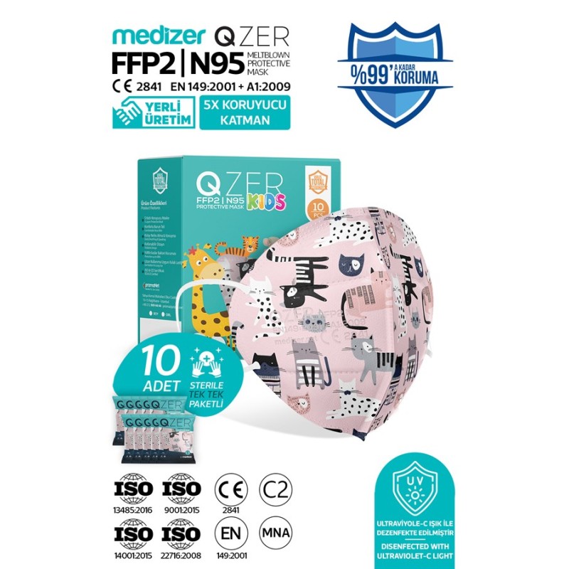 Qzer Pembe Sevimli Kediler Desenli 5 Katmanlı Çocuk FFP2 N95 Maske 10 Adet