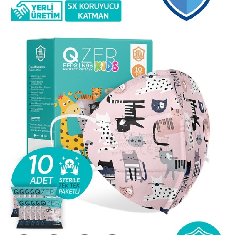 Qzer Pembe Sevimli Kediler Desenli 5 Katmanlı Çocuk FFP2 N95 Maske 10 Adet