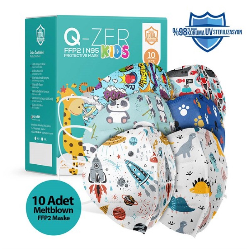 Qzer 5 Farklı Desenli Erkek Çocuk FFP2 N95 Maske - 10 Adet