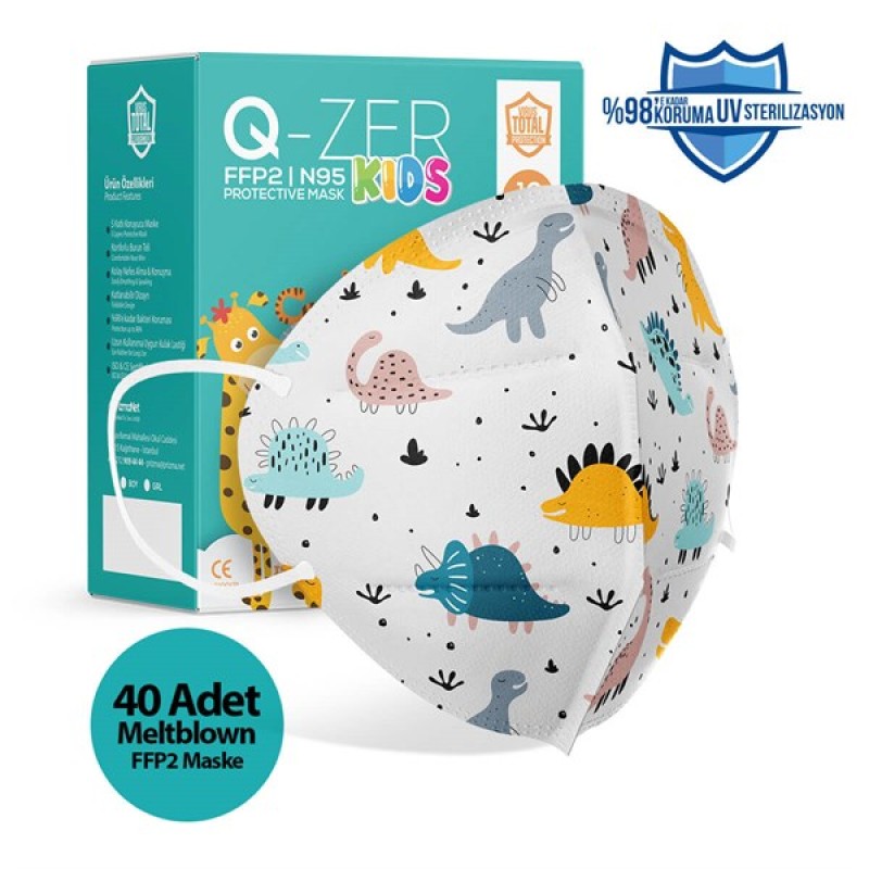 Qzer Dinazor Desenli Çocuk FFP2 N95 Maske - 40 Adet