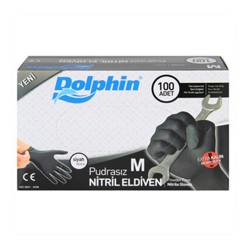 Dolphin Siyah Nitril Eldiven Pudrasız (M Beden) 100'lü Paket