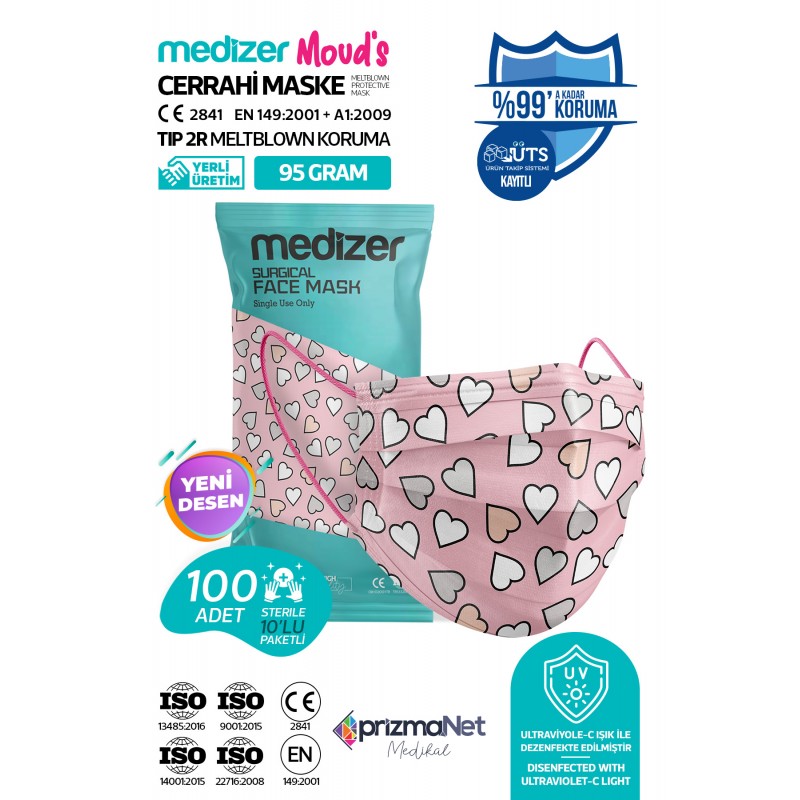 Medizer Meltblown Heartbeat Desenli Cerrahi Maske 10'lu 10 Paket