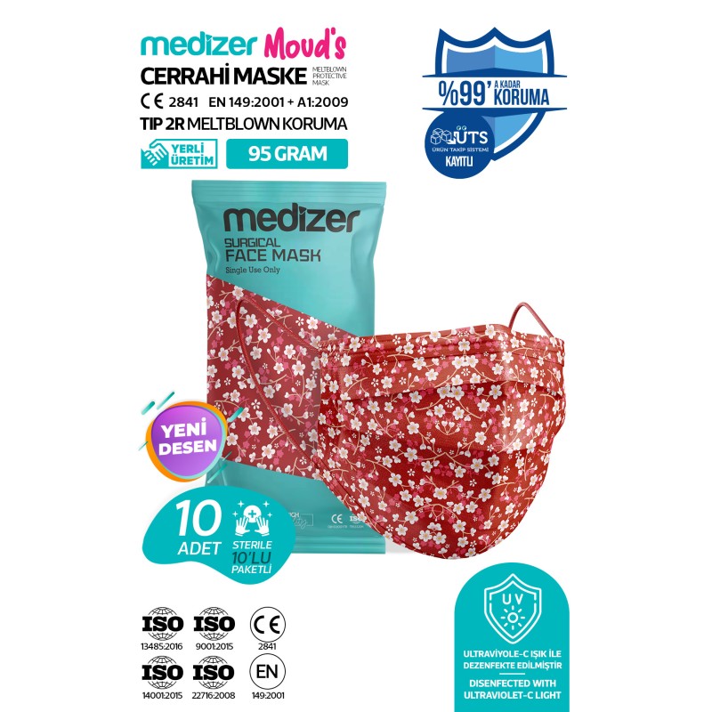 Medizer Meltblown Kırmızı Çiçek Desenli Cerrahi Maske 10'lu 1 Paket