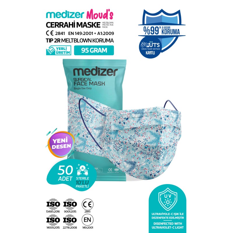 Medizer Meltblown Mid Winter Desenli Cerrahi Maske 10'lu 5 Paket