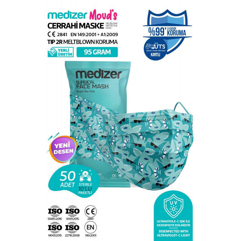 Medizer Meltblown Shark Patterned Surgical Mask 5 Pack of 10