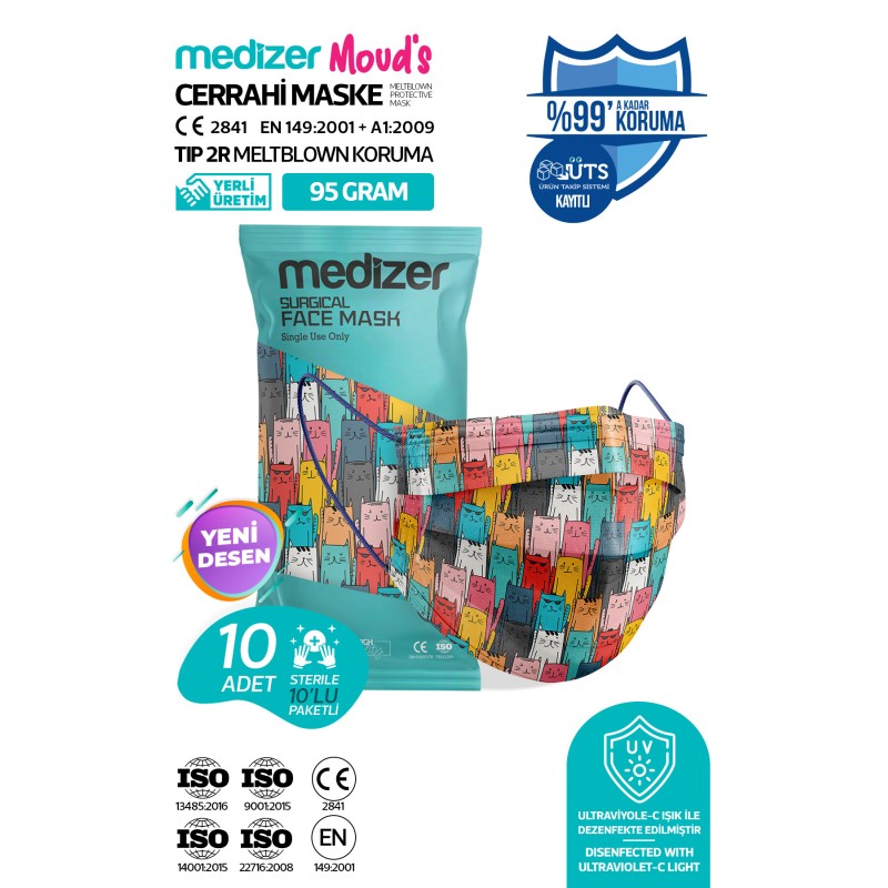 Medizer Meltblown Stray Cat Desenli Cerrahi Maske 10'lu 1 Paket