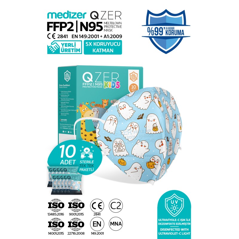 Qzer Sevimli Hayalet Desenli 5 Katmanlı Çocuk FFP2 N95 Maske 10 Adet Qzer Sevimli Hayalet Desenli 5 Katmanlı Çocuk FFP2 N95 Maske 10 Adet